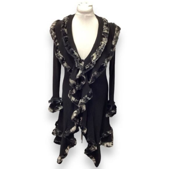 Joseph Ribkoff Women’s Mixed Media Open Front Faux Fur Trim Cardigan, Black, 8 - Picture 3 of 10